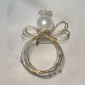 Gold Wire and Pearl Angel Brooch - Elegant Women’s Jewelry 2 1/2”